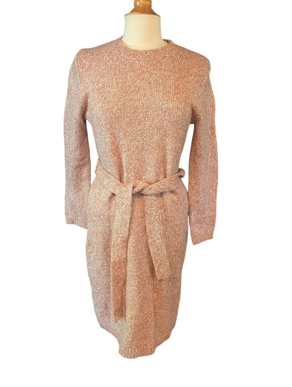 Ann Taylor Knit Peachy Pink Sweater Belted Long Sleeve Dress NWT Large Petite